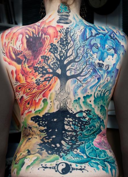 Tattoos - watercolor back piece of the elements - 108203